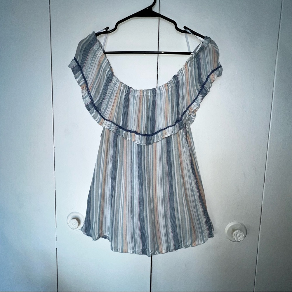 Passport Blue Gray Ruffled Bib Collar Blouse Size XL